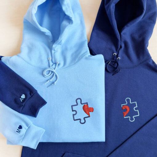 Custom Embroidered Puzzle Heart Matching Hoodies for Couples, Personalized Couple Sweatshirt, Couple Embroidered Sweatshirt, Valentine's Day Gifts Idea For Him Her - Image 4