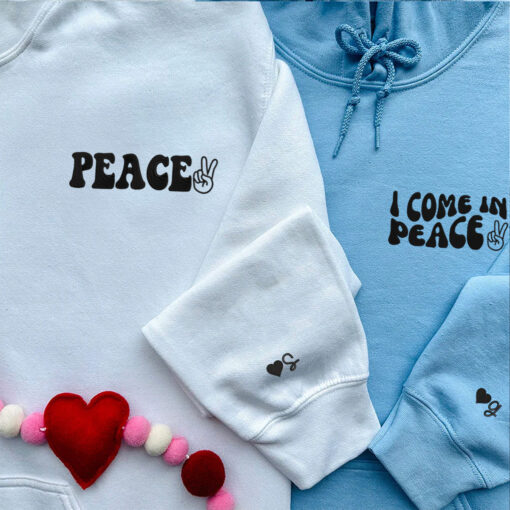 Custom I Come In Peace Hoodie, Matching Embroidered Hoodie for Couple, Personalized Couple Sweatshirt, Couple Embroidered Sweatshirt, Valentine's Day Gifts Idea For Him Her - Image 4
