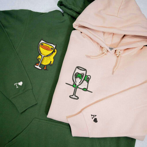 Custom Embroidered Frog and Duck Drinking Matching Hoodies for Couples, Personalized Couple Sweatshirt, Couple Embroidered Sweatshirt, Valentine's Day Gifts Idea For Him Her