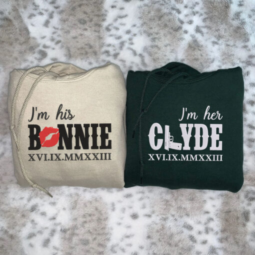 Embroidered His Bonnie Her Clyde Hoodies or Sweatshirts with Roman Numerals, Personalized Couple Sweatshirt, Couple Embroidered Sweatshirt, Valentine's Day Gifts Idea For Him Her - Image 3